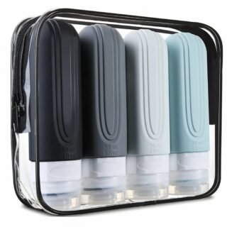 Silikoninių kelioninių buteliukų rinkinys su kosmetine